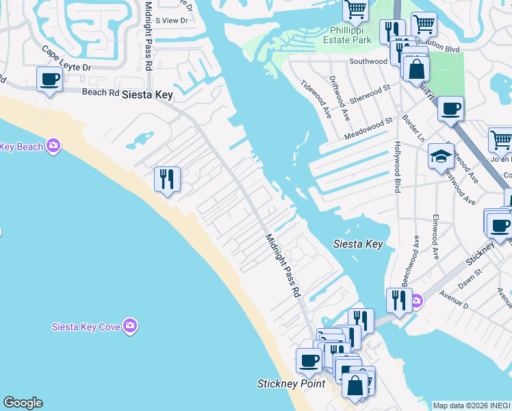 map of restaurants, bars, coffee shops, grocery stores, and more near 1255 East Peppertree Drive in Siesta Key