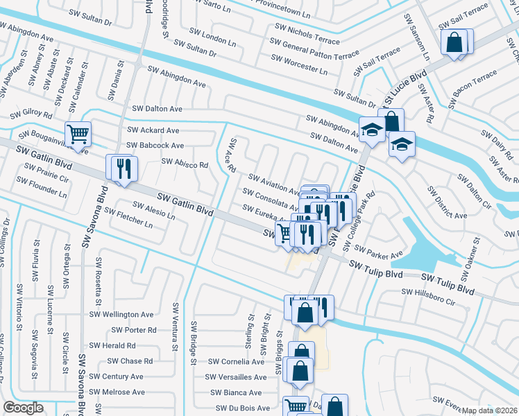 map of restaurants, bars, coffee shops, grocery stores, and more near 1025 Southwest Eureka Avenue in Port St. Lucie