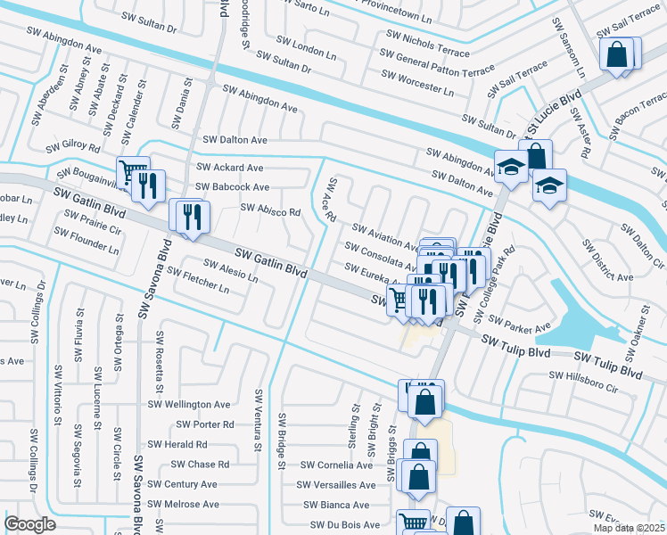 map of restaurants, bars, coffee shops, grocery stores, and more near 1098 Southwest Eureka Avenue in Port St. Lucie