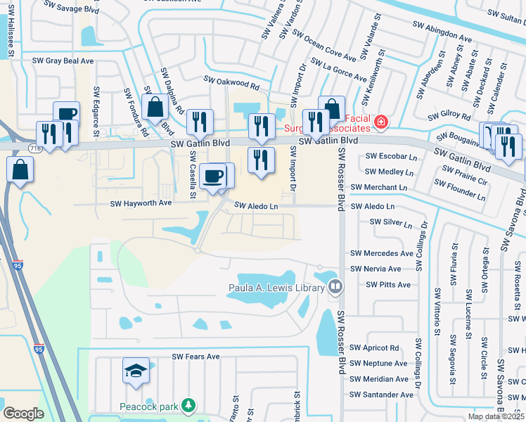 map of restaurants, bars, coffee shops, grocery stores, and more near 1801 Southwest Via Rossa in Port St. Lucie