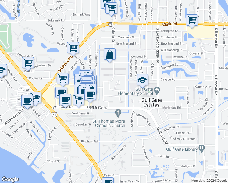 map of restaurants, bars, coffee shops, grocery stores, and more near 2652 White Sands Drive in Sarasota