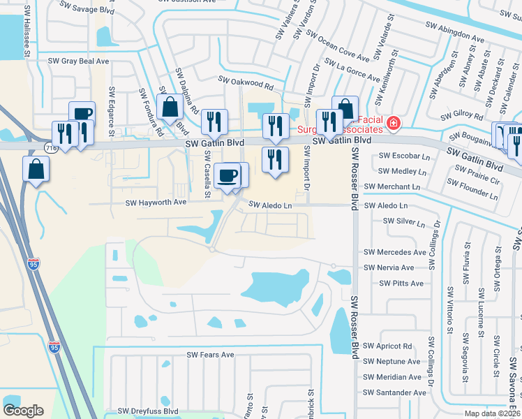 map of restaurants, bars, coffee shops, grocery stores, and more near 1849 Southwest Via Rossa in Port St. Lucie