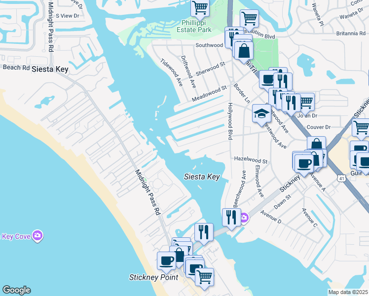 map of restaurants, bars, coffee shops, grocery stores, and more near 1506 Ridgewood Lane in Sarasota