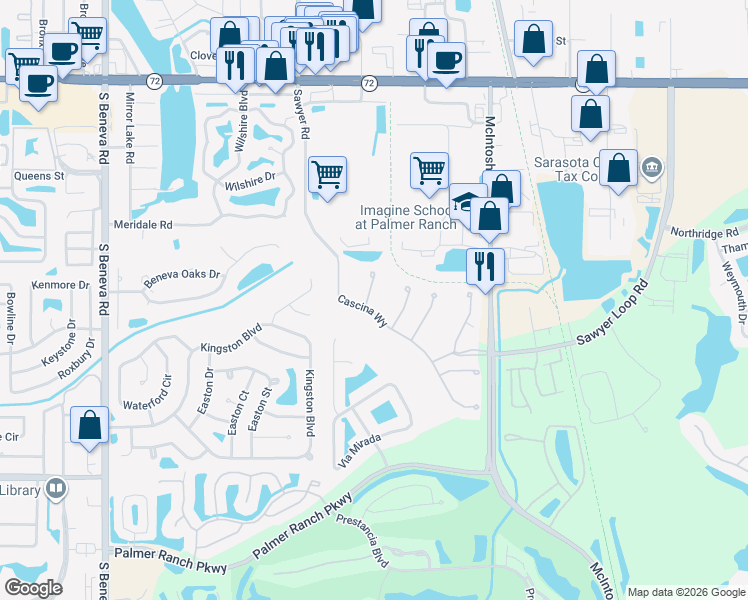 map of restaurants, bars, coffee shops, grocery stores, and more near 8721 Mangilli Road in Sarasota
