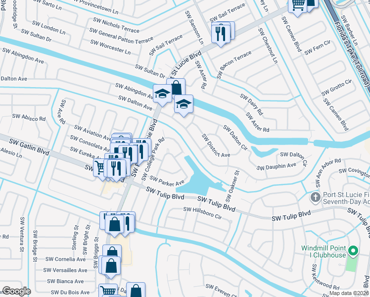 map of restaurants, bars, coffee shops, grocery stores, and more near 1034 Southwest College Park Road in Port St. Lucie