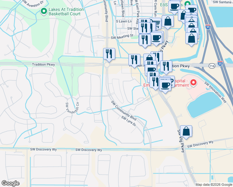 map of restaurants, bars, coffee shops, grocery stores, and more near 11918 Southwest Community Boulevard in Port St. Lucie