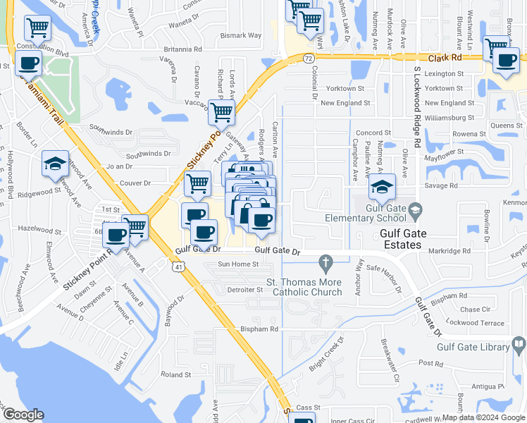 map of restaurants, bars, coffee shops, grocery stores, and more near 6517 Superior Avenue in Sarasota