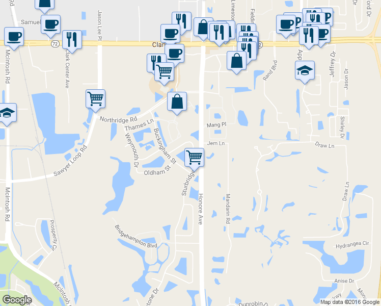 map of restaurants, bars, coffee shops, grocery stores, and more near 6378 Sturbridge Court in Sarasota