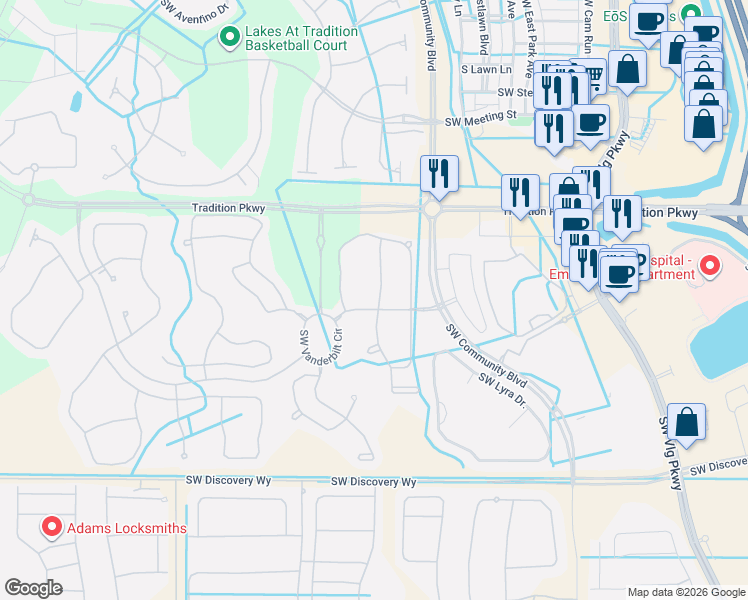map of restaurants, bars, coffee shops, grocery stores, and more near 11195 Southwest Wyndham Way in Port St. Lucie