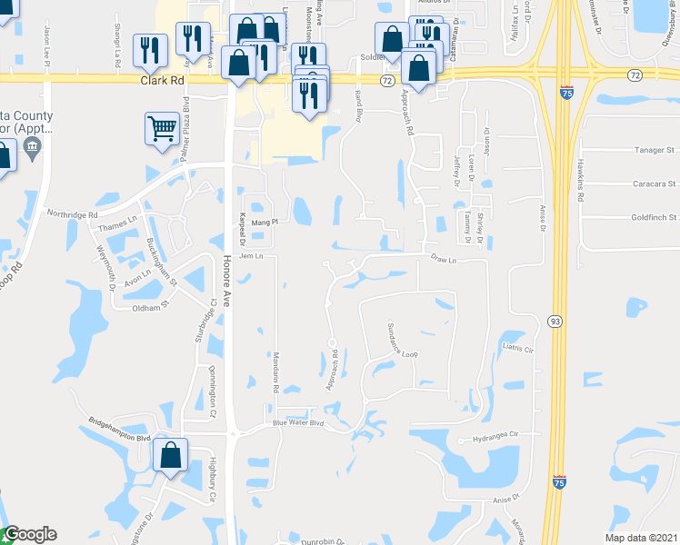 map of restaurants, bars, coffee shops, grocery stores, and more near 6475 Approach Road in Sarasota