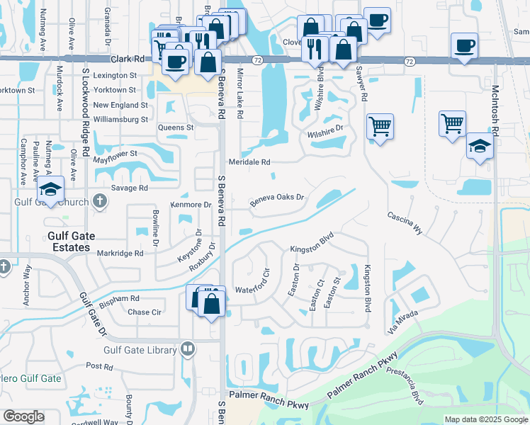 map of restaurants, bars, coffee shops, grocery stores, and more near 3625 Beneva Oaks Drive in Sarasota