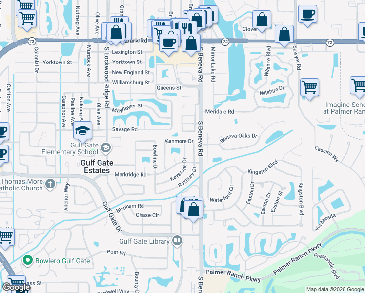map of restaurants, bars, coffee shops, grocery stores, and more near 6506 Keystone Drive in Sarasota