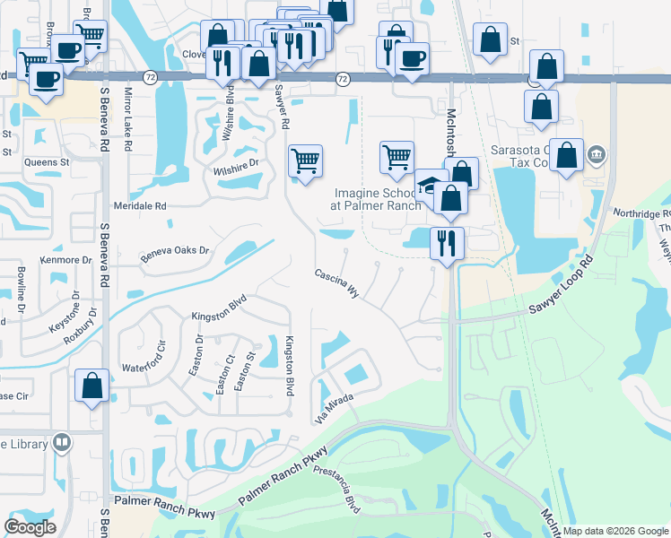 map of restaurants, bars, coffee shops, grocery stores, and more near 8721 Mangilli Road in Sarasota