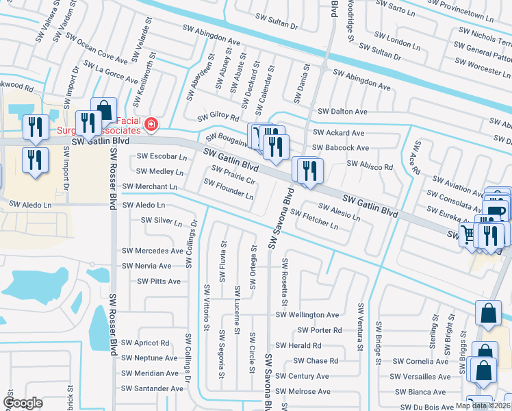map of restaurants, bars, coffee shops, grocery stores, and more near 1307 Southwest Prairie Circle in Port St. Lucie