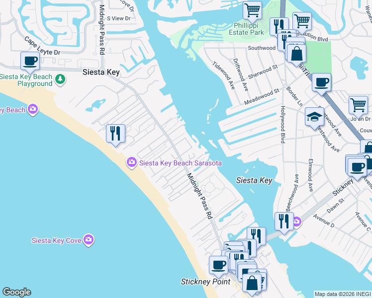 map of restaurants, bars, coffee shops, grocery stores, and more near 1255 East Peppertree Drive in Siesta Key