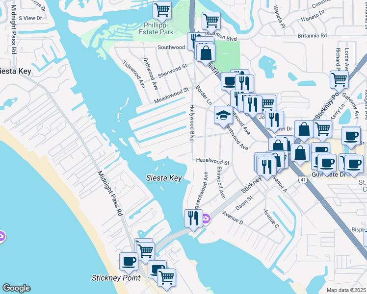 map of restaurants, bars, coffee shops, grocery stores, and more near 1666 Baywinds Lane in Sarasota