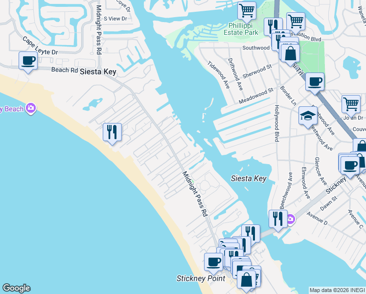 map of restaurants, bars, coffee shops, grocery stores, and more near 1255 East Peppertree Drive in Siesta Key