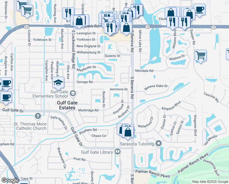 map of restaurants, bars, coffee shops, grocery stores, and more near 3344 Kenmore Drive in Sarasota