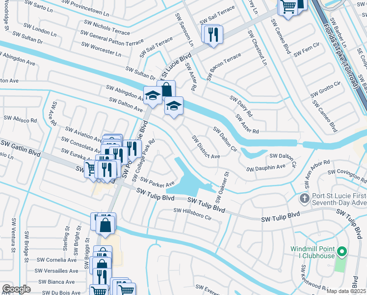map of restaurants, bars, coffee shops, grocery stores, and more near 1034 Southwest College Park Road in Port St. Lucie