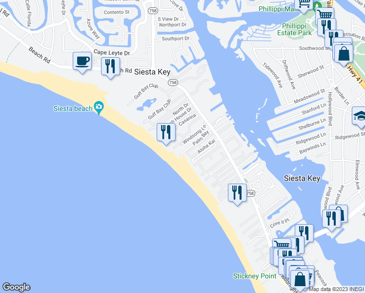 map of restaurants, bars, coffee shops, grocery stores, and more near 1060 Windsong Lane in Siesta Key
