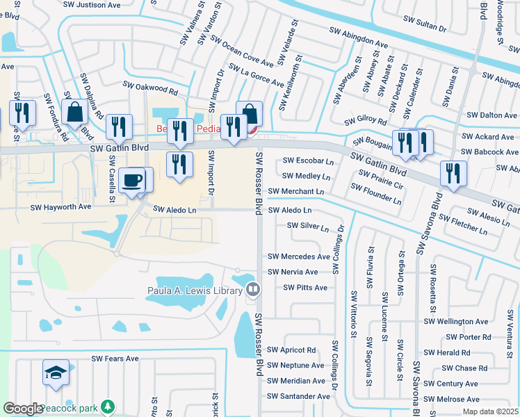 map of restaurants, bars, coffee shops, grocery stores, and more near SW Rosser Blvd & SW Aledo Ln in Port St. Lucie