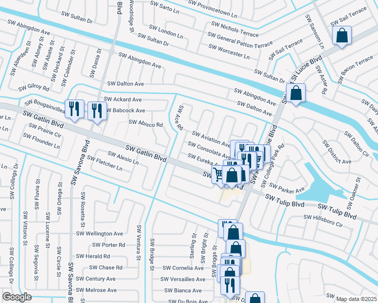 map of restaurants, bars, coffee shops, grocery stores, and more near 1098 Southwest Eureka Avenue in Port St. Lucie