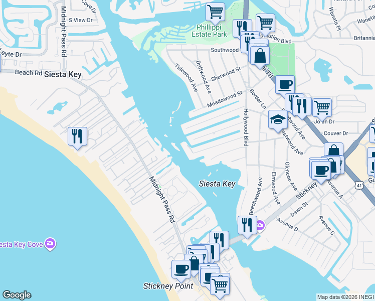 map of restaurants, bars, coffee shops, grocery stores, and more near 1412 Ridgewood Lane in Sarasota
