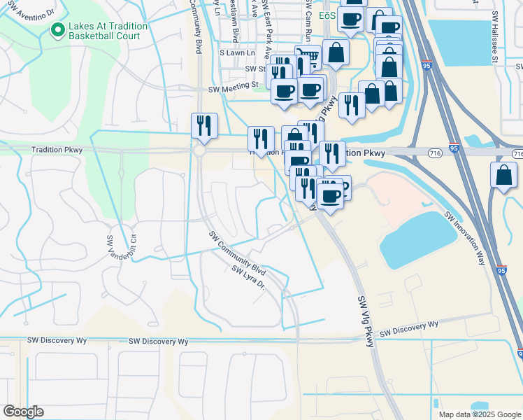 map of restaurants, bars, coffee shops, grocery stores, and more near 11292 Southwest Village Court in Port St. Lucie