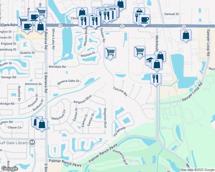 map of restaurants, bars, coffee shops, grocery stores, and more near 4035 Cascina Way in Sarasota