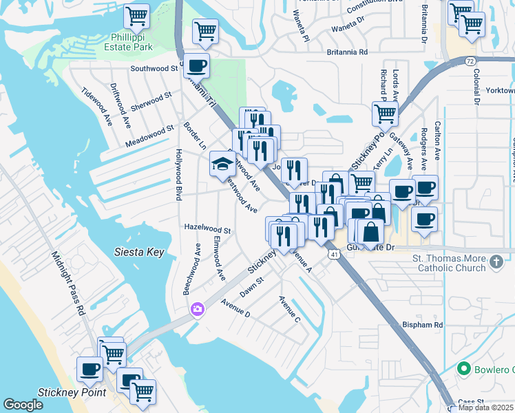 map of restaurants, bars, coffee shops, grocery stores, and more near 6327 Crestwood Avenue in Sarasota