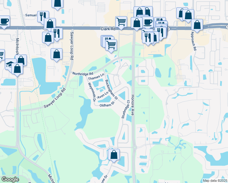 map of restaurants, bars, coffee shops, grocery stores, and more near 5005 Sturbridge Court in Sarasota
