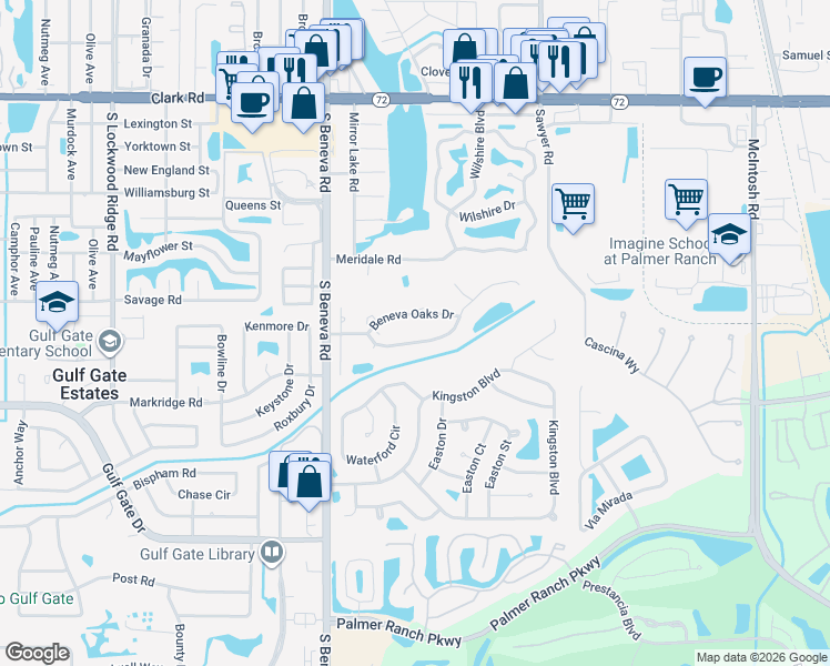 map of restaurants, bars, coffee shops, grocery stores, and more near 3645 Beneva Oaks Boulevard in Sarasota