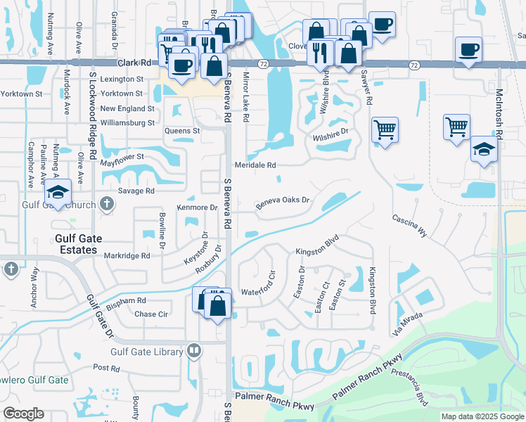 map of restaurants, bars, coffee shops, grocery stores, and more near 3625 Beneva Oaks Drive in Sarasota