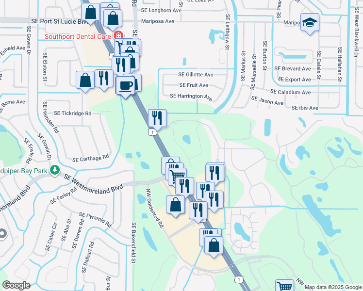 map of restaurants, bars, coffee shops, grocery stores, and more near 4585 Northwest King Court in Jensen Beach