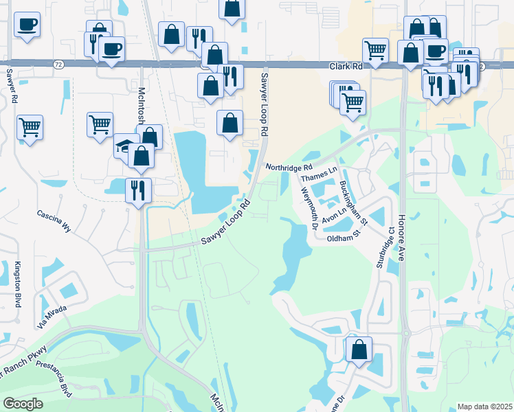 map of restaurants, bars, coffee shops, grocery stores, and more near 6251 Sawyer Loop Road in Sarasota