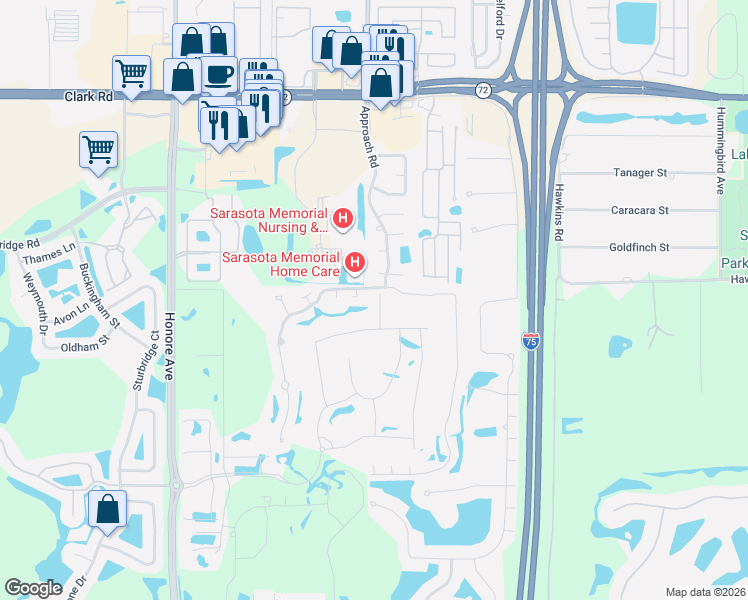 map of restaurants, bars, coffee shops, grocery stores, and more near 6311 Approach Road in Sarasota