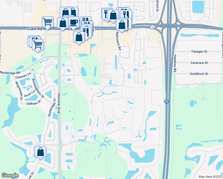 map of restaurants, bars, coffee shops, grocery stores, and more near 6423 Approach Road in Sarasota