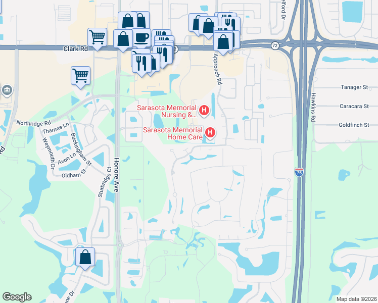 map of restaurants, bars, coffee shops, grocery stores, and more near 6423 Approach Road in Sarasota