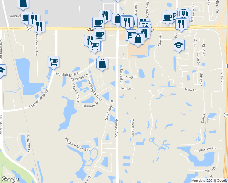 map of restaurants, bars, coffee shops, grocery stores, and more near 6378 Sturbridge Court in Sarasota