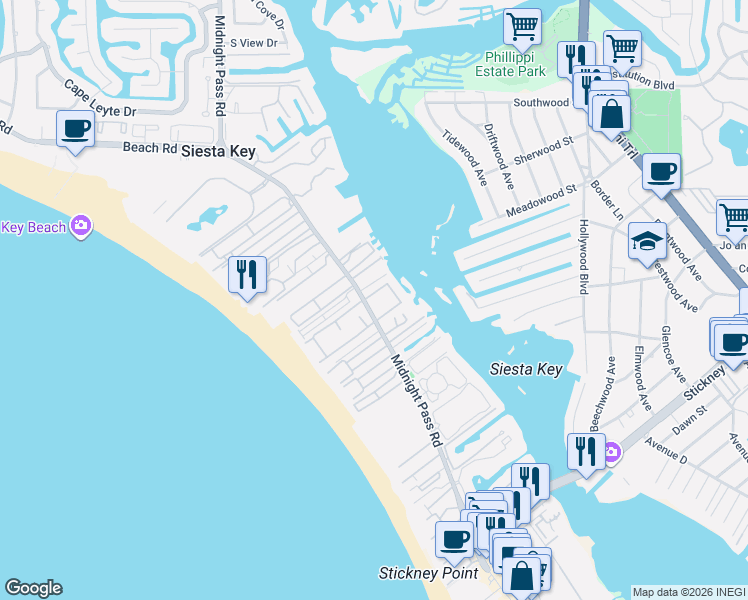map of restaurants, bars, coffee shops, grocery stores, and more near 1255 East Peppertree Drive in Siesta Key