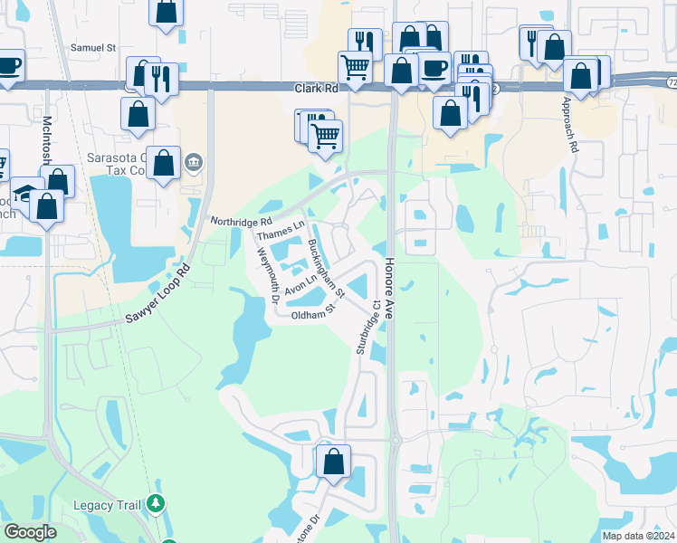 map of restaurants, bars, coffee shops, grocery stores, and more near 5004 Sturbridge Court in Sarasota