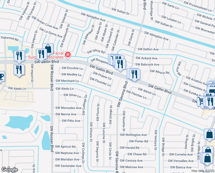 map of restaurants, bars, coffee shops, grocery stores, and more near 1307 Southwest Prairie Circle in Port St. Lucie