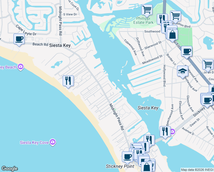 map of restaurants, bars, coffee shops, grocery stores, and more near 1255 East Peppertree Drive in Siesta Key