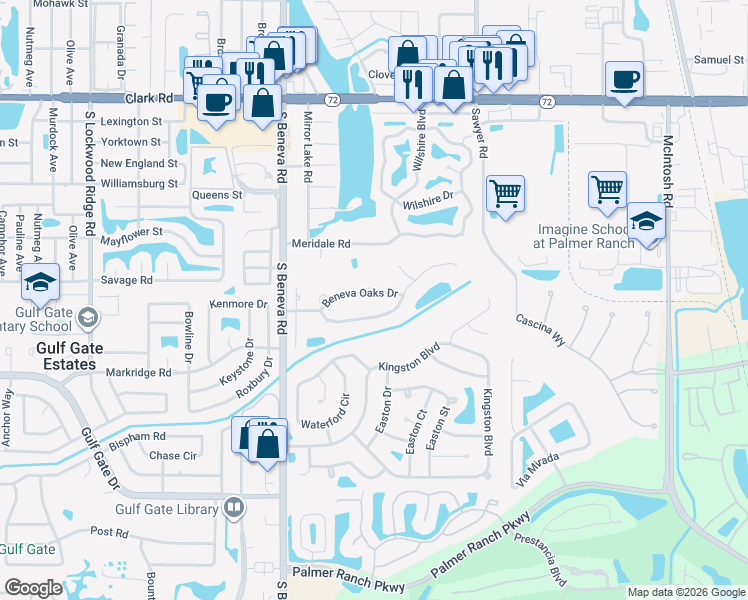 map of restaurants, bars, coffee shops, grocery stores, and more near 3645 Beneva Oaks Boulevard in Sarasota
