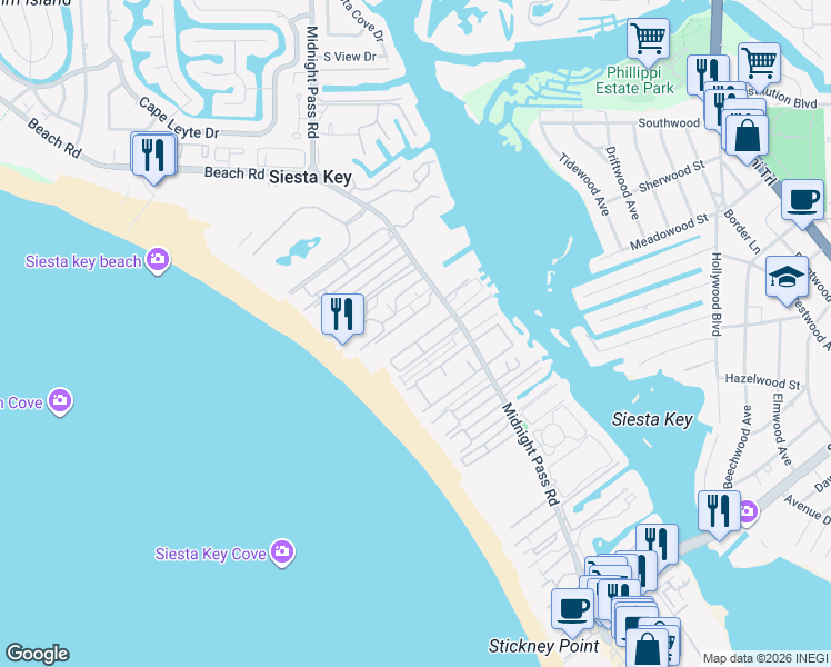 map of restaurants, bars, coffee shops, grocery stores, and more near 9 Casarina in Siesta Key
