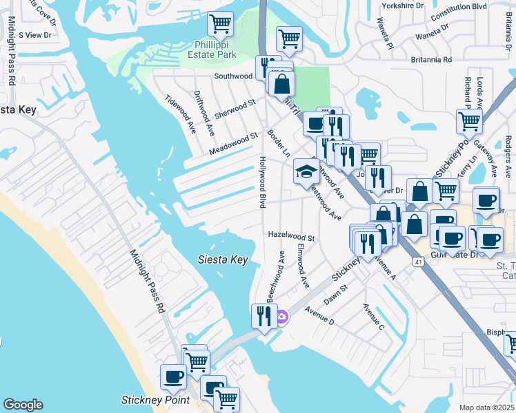 map of restaurants, bars, coffee shops, grocery stores, and more near 1677 Baywinds Lane in Sarasota
