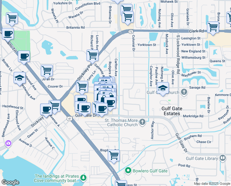 map of restaurants, bars, coffee shops, grocery stores, and more near 6517 Superior Avenue in Sarasota