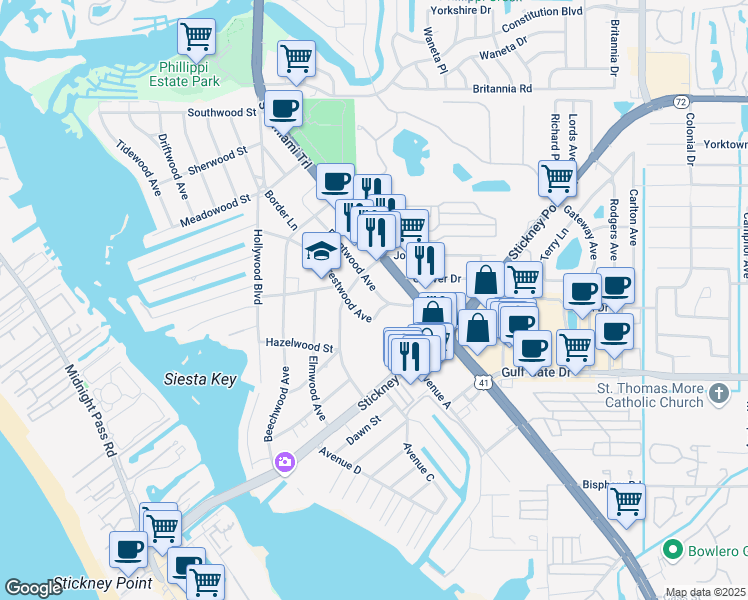 map of restaurants, bars, coffee shops, grocery stores, and more near 6327 Crestwood Avenue in Sarasota
