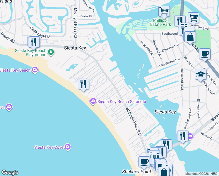 map of restaurants, bars, coffee shops, grocery stores, and more near 1150 Windsong Lane in Siesta Key
