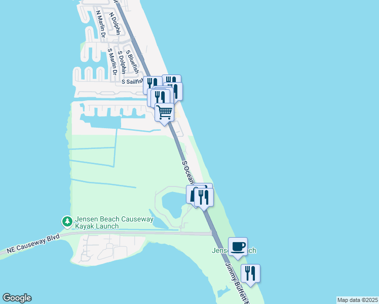 map of restaurants, bars, coffee shops, grocery stores, and more near 4765 Northeast Ocean Boulevard in Jensen Beach